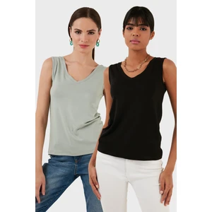 Slim Fit V Yaka Kalın Askılı 2' Li Paket Bluz Bayan Bluz 5864384S2