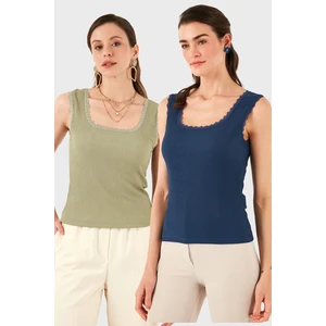 Slim Fit Kalın Dantelli Kare Yaka Bürümcük 2'li Paket Atlet Bayan Atlet 5864979S2