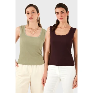 Slim Fit Kalın Dantelli Kare Yaka Bürümcük 2'li Paket Atlet Bayan Atlet 5864979S2