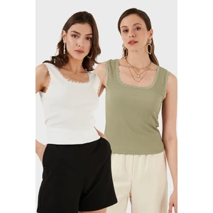 Slim Fit Kalın Dantelli Kare Yaka Bürümcük 2'li Paket Atlet Bayan Atlet 5864979S2