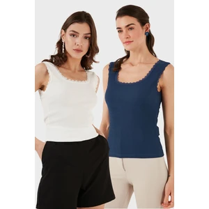 Slim Fit Kalın Dantelli Kare Yaka Bürümcük 2'li Paket Atlet Bayan Atlet 5864979S2