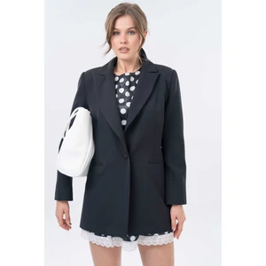 Siyah Tek Düğme Kapama Cepli Dokuma Blazer Ceket