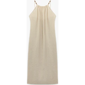 Boncuk Detaylı Ince Askılı Halter Yaka Uzun Plaj Elbisesi