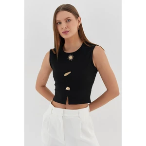 Tasarım Düğmeli Crop Bluz Sıyah