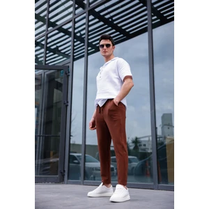 Erkek Kahve Renk Likralı Kumaş Jogger Pantolon