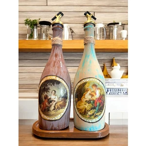 Mes Reves Design Özel Tasarım Vintage Desenli Sunum Stantlı Zeytinyağı Sıvıyağ Şişesi 2'li 750 ml