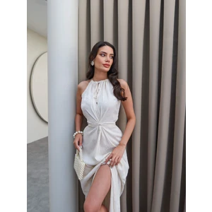 Krem Desenli Belden Bağlamalı Elbise