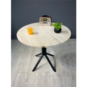 Hey Saray Traverten Yuvarlak Mutfak Yemek Masası Balkon Masası Metal Siyah Ayak 80 cm