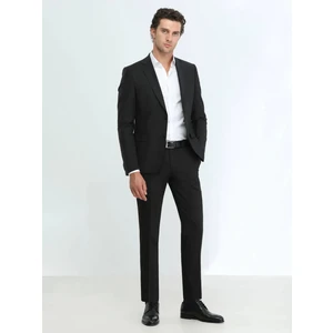 Siyah Düz Modern Fit Yün Karışımlı Takım Elbise