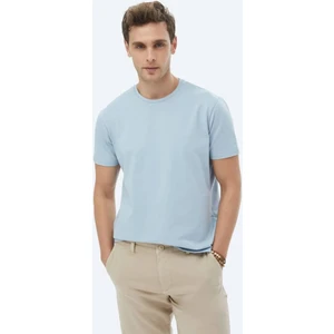 Mavi Düz Bisiklet Yaka Pamuk Karışımlı T-Shirt