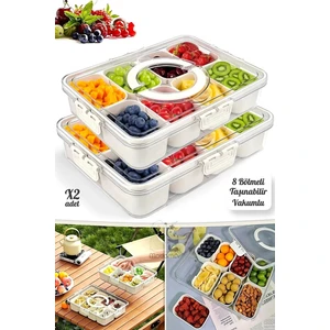 2'li 8 Bölmeli Kilit Kapaklı Taşınabilir Saklama Kabı Kahvaltılık Organizer Piknik Seti Gıda Kutusu