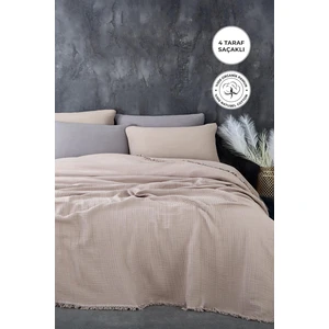 %100 Pamuk Çift Kişilik Müslin Yatak Örtüsü 4 Katlı Yumuşak Battaniye Müslin Pike Takımı 3 Parça Cappuccino