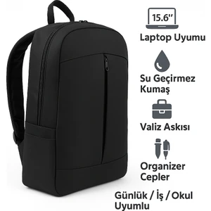 Fashion 15.6" Notebook Bilgisayar Laptop Sırt Çantası Su Geçirmez Kumaş ve Fermuarlı Siyah Siyah Laptop Çantası 1