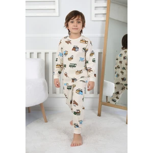 Transportation Veichle Desenli Çocuk Pijama Takımı (Alt-Üst) Bej 3-8 Yaş