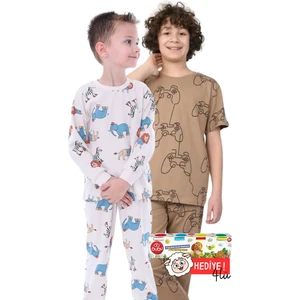 2'li Mavi Dino ve Renk Blokları Desenli Erkek Çocuk Pijama Takımı