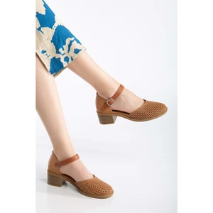 Kadın Hakiki Deri Burnu Kapalı Delikli Sandalet - Taba