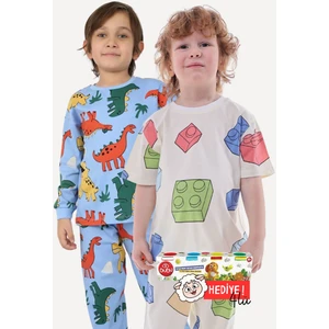 2'li Mavi Dino ve Renk Blokları Desenli Erkek Çocuk Pijama Takımı