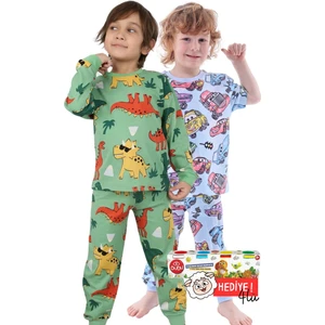2'li Mavi Dino ve Renk Blokları Desenli Erkek Çocuk Pijama Takımı