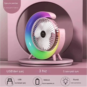 Masaüstü Vantilatör Usb Şarjlı Rgb Led Işıklı 3 Kademeli 180° Ayarlanabilir Soğutucu Fan Pembe