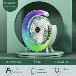 Masaüstü Vantilatör Usb Şarjlı Rgb Led Işıklı 3 Kademeli 180° Ayarlanabilir Soğutucu Fan Pembe