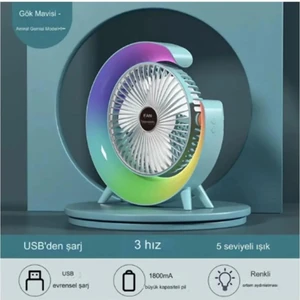 Masaüstü Vantilatör Usb Şarjlı Rgb Led Işıklı 3 Kademeli 180° Ayarlanabilir Soğutucu Fan Pembe