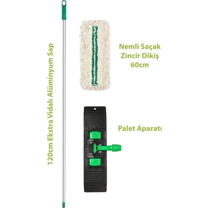60 Cm Zincir Dikişli Nemli Mop – Saplı, Püsküllü, Dayanıklı Pamuk Polyester Mop Bezi