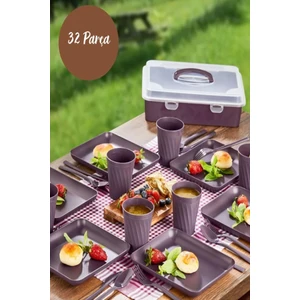 32 Parça Mürdüm Piknik Seti Premium Kalite Piknik Mangal Seti Tabak, Bıçak, Çatal, Kaşık, Bardak Set