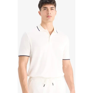 Regular Fit Polo Yaka Kısa Kollu Dokulu Beyaz Pike Tişört E2621AX25SM