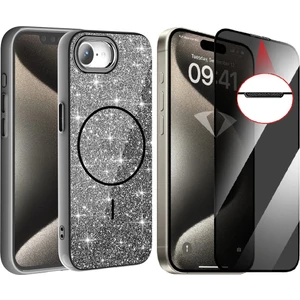 Apple iPhone 16E Kılıf M-safe Şarj Özellikli Parlayan Simli Zore Okso Kapak + Hayalet Temperli Ekran Koruyucu