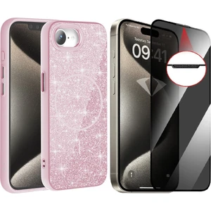 Apple iPhone 16E Kılıf M-safe Şarj Özellikli Parlayan Simli Zore Okso Kapak + Hayalet Temperli Ekran Koruyucu