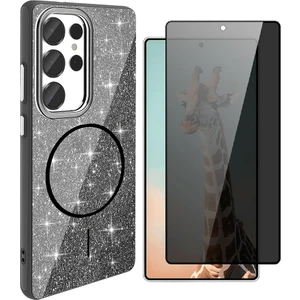 Samsung Galaxy S25 Ultra Kılıf M-safe Şarj Özellikli Parlayan Simli Zore Okso Kapak + Hayalet Temperli Ekran Koruyucu