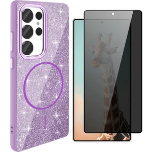 Samsung Galaxy S25 Ultra Kılıf M-safe Şarj Özellikli Parlayan Simli Zore Okso Kapak + Hayalet Temperli Ekran Koruyucu