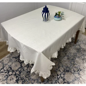 %100 Ham Pamuklu Keten Fırfırlı Masa Örtüsü 160X220 cm Mutfak Salon Masa Örtüsü