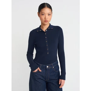 10686 Dik Yaka Çıtçıtlı Triko Kazak-Lacivert