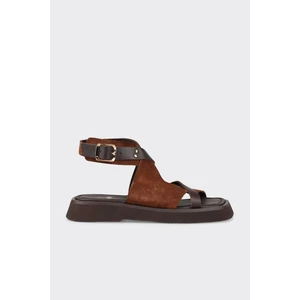 Kahve Deri Kadın Düz Sandalet