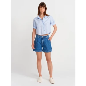 72000 Yan Cepli Pileli Denim Şort-Lacivert