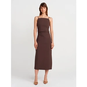 91479 Büzgülü Midi Elbise-Kahve