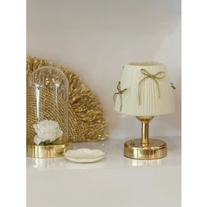 Krem Kadife Süet Gold Fiyonk Kurdele Kablosuz Masa Lambası - Alt Parlak Gold