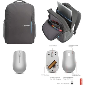 B515 Gri Çanta, Lenovo 530 Wireless Metalik Gri Mouse Pro Set