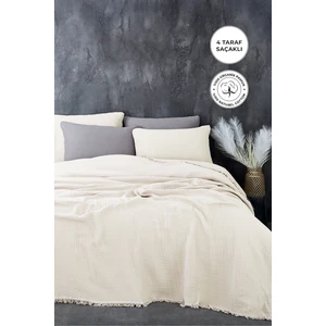 Evlen Home Collection Müslin Pamuk Battal Boy Çift Kişilik Yatak Örtüsü ( Pike ) Takımı 4 Katlı Hafif Yumuşak Battaniye 3 Parça Krem Kırık Beyaz