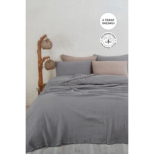 Evlen Home Collection Müslin Pamuk Battal Boy Çift Kişilik Yatak Örtüsü ( Pike ) Takımı 4 Katlı Hafif Yumuşak Battaniye 3 Parça Gri