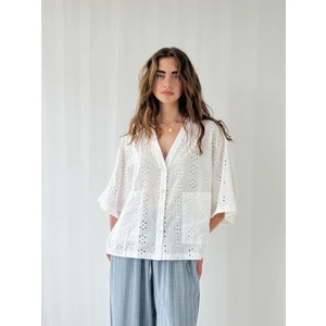 Tasarım V Yaka Brode Kimono Gömlek Kadın Beyaz