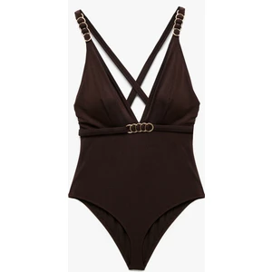 Astarlı Aksesuarlı Derin V Yaka Arkası Çapraz Askılı Mayo