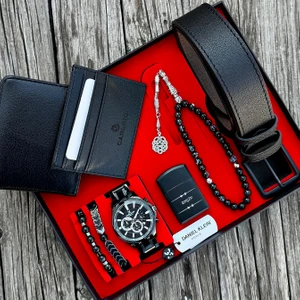 Daniel Klein Öğretmenler Günü Çelik Kordon Fonksiyonlu Siyah Renk Erkek Kol Saati Kemer Cüzdan Kartlık Doğal Taş Tespih ve Bileklik Çakmak Seti ZKD09