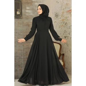 Düğme Detaylı Siyah Tesettür Elbise 2703S