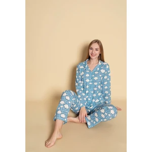 Kadın Bulut Desen Uzun Kol Gömlek Pijama Takımı