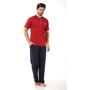 Erkek Bisiklet Yaka 3 Düğmeli Göğüs Cepli Pamuk Likra Mevsimlik Kısa Kol Pijama Takımı