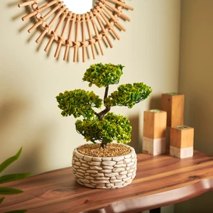 Dekoratif Saksılı Bonsai Meri Yapay Çiçek - Beyaz / Yeşil - 20x20x36 cm