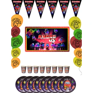 Among Us Bayraklı ve Afişli 24 Kişilik Doğum Günü Parti Malzemeleri Süsleri Seti