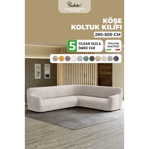 Lastikli Esnek ve Yıkanabilir L Köşe Koltuk Örtüsü Çekyat Kanepe Kılıfı - Desenli Bej